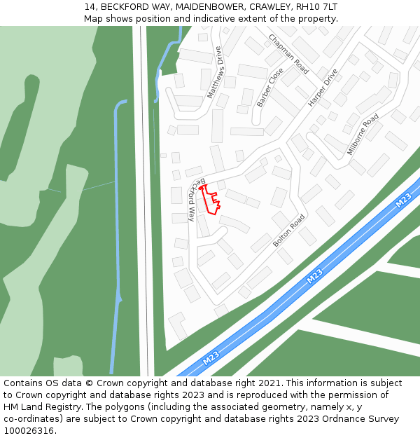 14, BECKFORD WAY, MAIDENBOWER, CRAWLEY, RH10 7LT: Location map and indicative extent of plot