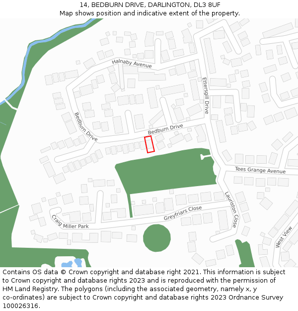 14, BEDBURN DRIVE, DARLINGTON, DL3 8UF: Location map and indicative extent of plot