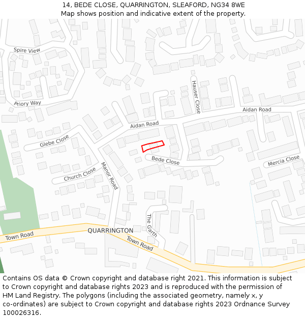 14, BEDE CLOSE, QUARRINGTON, SLEAFORD, NG34 8WE: Location map and indicative extent of plot