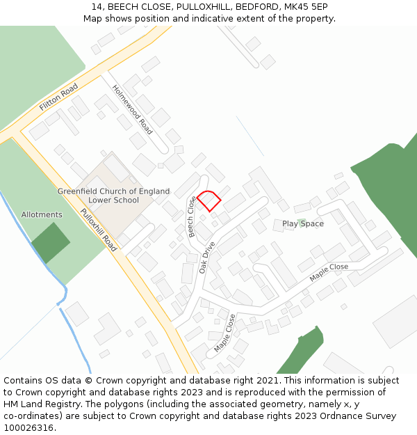 14, BEECH CLOSE, PULLOXHILL, BEDFORD, MK45 5EP: Location map and indicative extent of plot