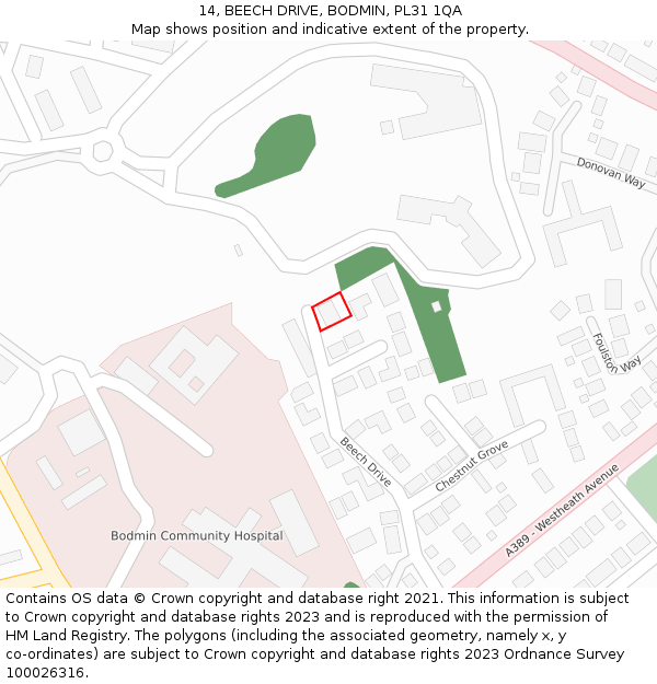 14, BEECH DRIVE, BODMIN, PL31 1QA: Location map and indicative extent of plot