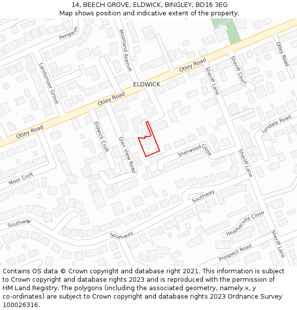 14, BEECH GROVE, ELDWICK, BINGLEY, BD16 3EG: Location map and indicative extent of plot