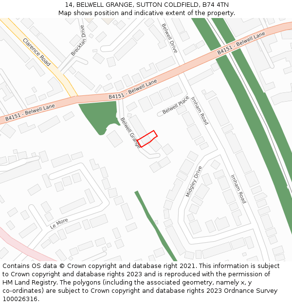 14, BELWELL GRANGE, SUTTON COLDFIELD, B74 4TN: Location map and indicative extent of plot