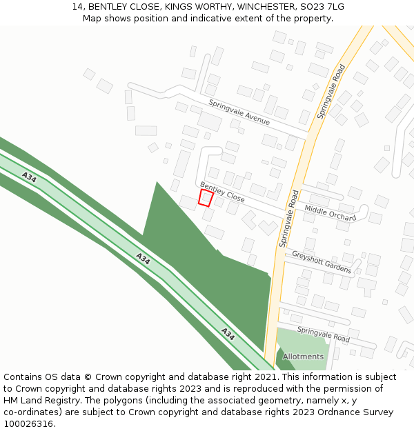 14, BENTLEY CLOSE, KINGS WORTHY, WINCHESTER, SO23 7LG: Location map and indicative extent of plot