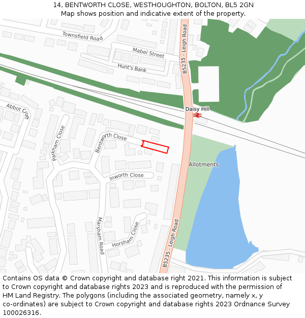 14, BENTWORTH CLOSE, WESTHOUGHTON, BOLTON, BL5 2GN: Location map and indicative extent of plot