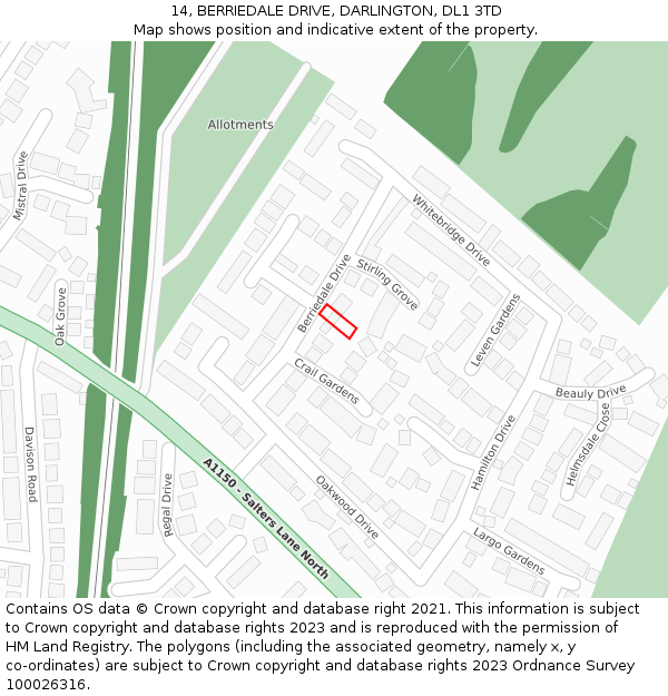 14, BERRIEDALE DRIVE, DARLINGTON, DL1 3TD: Location map and indicative extent of plot