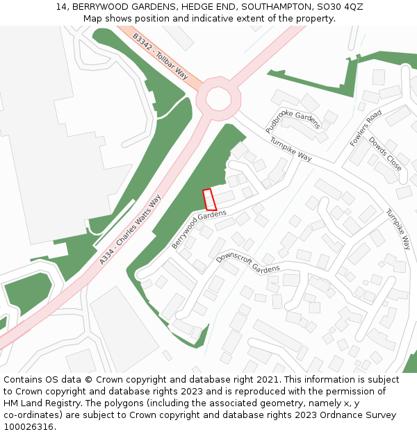 14, BERRYWOOD GARDENS, HEDGE END, SOUTHAMPTON, SO30 4QZ: Location map and indicative extent of plot