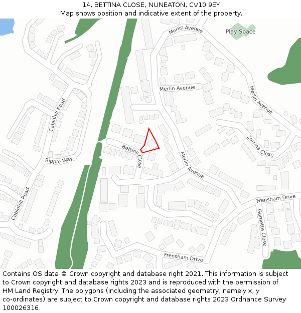 14, BETTINA CLOSE, NUNEATON, CV10 9EY: Location map and indicative extent of plot