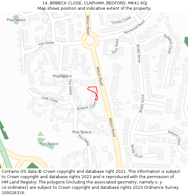 14, BIRBECK CLOSE, CLAPHAM, BEDFORD, MK41 6GJ: Location map and indicative extent of plot