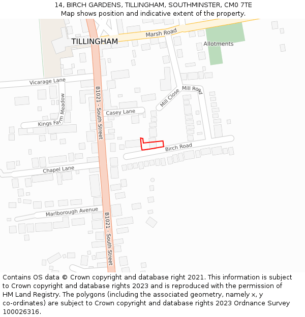 14, BIRCH GARDENS, TILLINGHAM, SOUTHMINSTER, CM0 7TE: Location map and indicative extent of plot