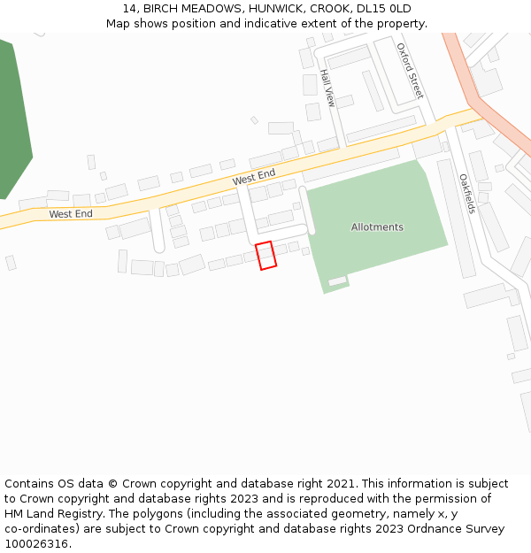14, BIRCH MEADOWS, HUNWICK, CROOK, DL15 0LD: Location map and indicative extent of plot