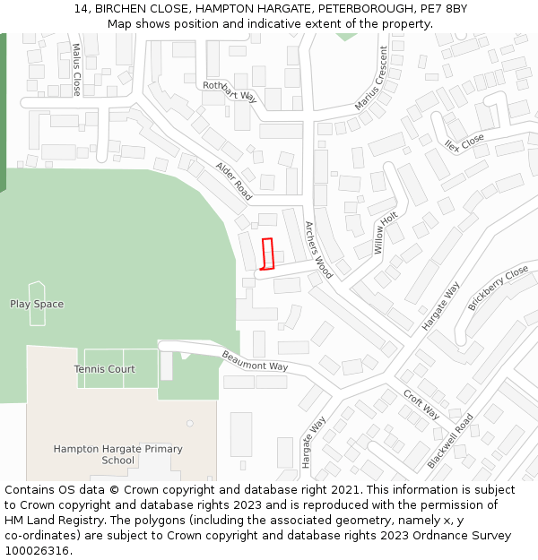 14, BIRCHEN CLOSE, HAMPTON HARGATE, PETERBOROUGH, PE7 8BY: Location map and indicative extent of plot