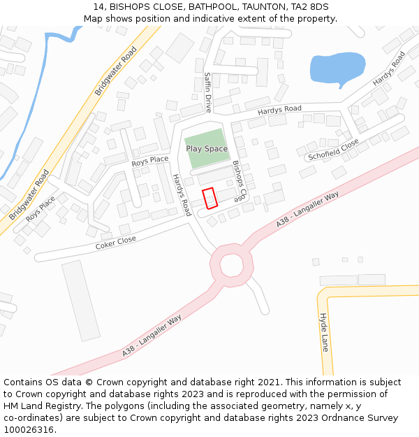 14, BISHOPS CLOSE, BATHPOOL, TAUNTON, TA2 8DS: Location map and indicative extent of plot