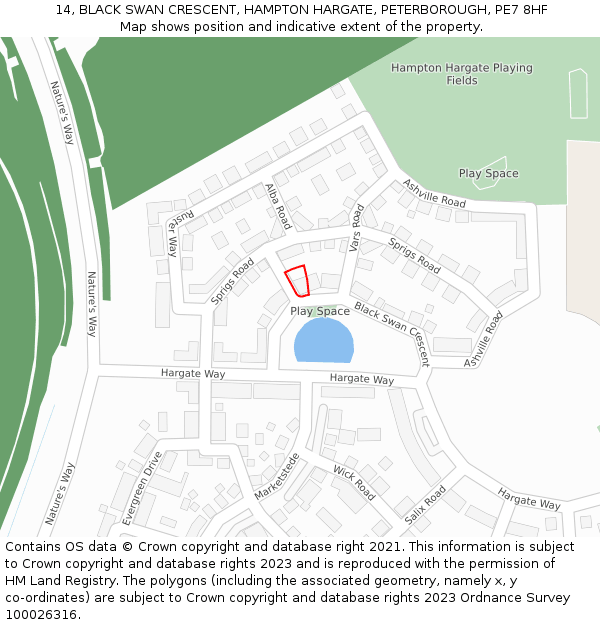 14, BLACK SWAN CRESCENT, HAMPTON HARGATE, PETERBOROUGH, PE7 8HF: Location map and indicative extent of plot