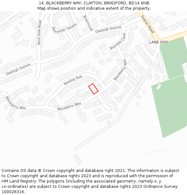 14, BLACKBERRY WAY, CLAYTON, BRADFORD, BD14 6NB: Location map and indicative extent of plot
