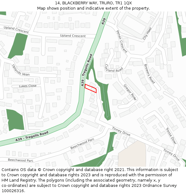 14, BLACKBERRY WAY, TRURO, TR1 1QX: Location map and indicative extent of plot