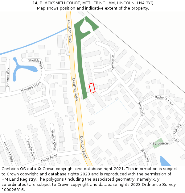 14, BLACKSMITH COURT, METHERINGHAM, LINCOLN, LN4 3YQ: Location map and indicative extent of plot