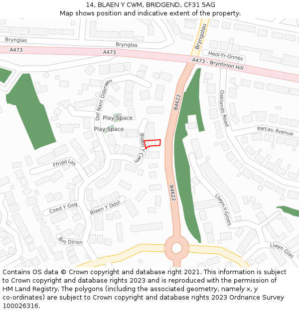 14, BLAEN Y CWM, BRIDGEND, CF31 5AG: Location map and indicative extent of plot
