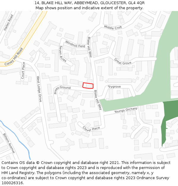 14, BLAKE HILL WAY, ABBEYMEAD, GLOUCESTER, GL4 4QR: Location map and indicative extent of plot