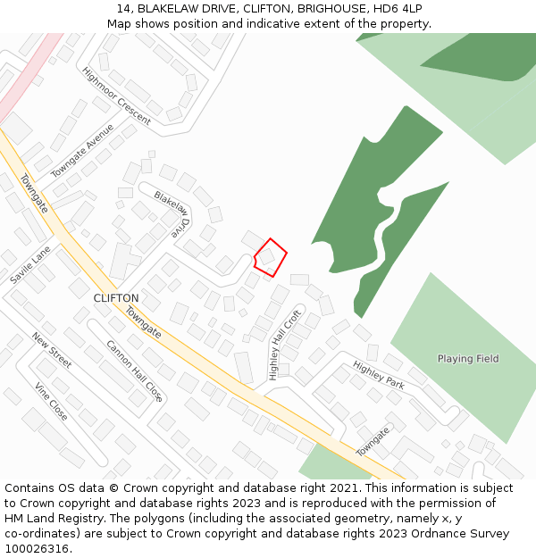 14, BLAKELAW DRIVE, CLIFTON, BRIGHOUSE, HD6 4LP: Location map and indicative extent of plot