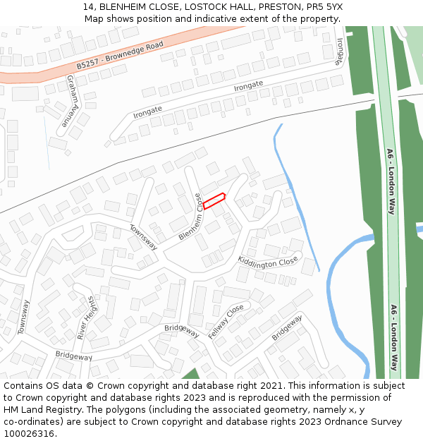 14, BLENHEIM CLOSE, LOSTOCK HALL, PRESTON, PR5 5YX: Location map and indicative extent of plot