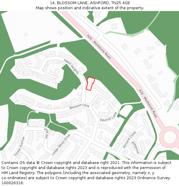 14, BLOSSOM LANE, ASHFORD, TN25 4GE: Location map and indicative extent of plot