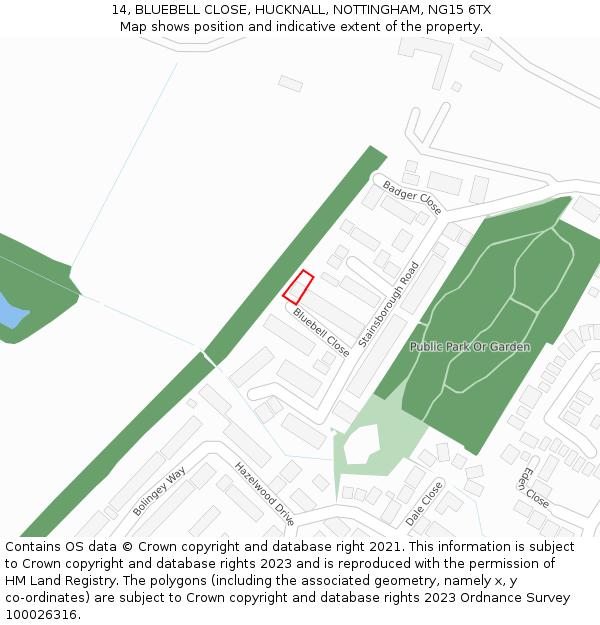 14, BLUEBELL CLOSE, HUCKNALL, NOTTINGHAM, NG15 6TX: Location map and indicative extent of plot