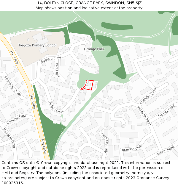 14, BOLEYN CLOSE, GRANGE PARK, SWINDON, SN5 6JZ: Location map and indicative extent of plot