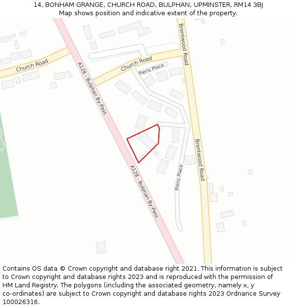 14, BONHAM GRANGE, CHURCH ROAD, BULPHAN, UPMINSTER, RM14 3BJ: Location map and indicative extent of plot