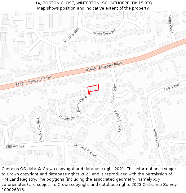 14, BOSTON CLOSE, WINTERTON, SCUNTHORPE, DN15 9TQ: Location map and indicative extent of plot
