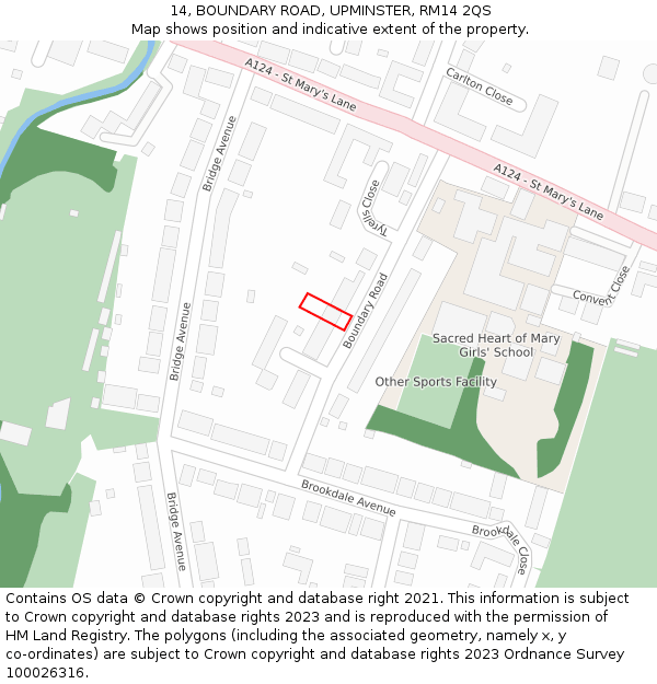 14, BOUNDARY ROAD, UPMINSTER, RM14 2QS: Location map and indicative extent of plot