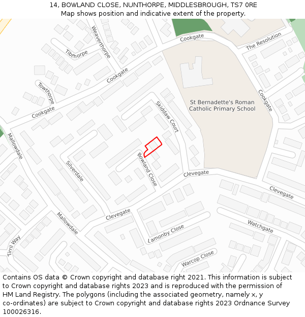 14, BOWLAND CLOSE, NUNTHORPE, MIDDLESBROUGH, TS7 0RE: Location map and indicative extent of plot