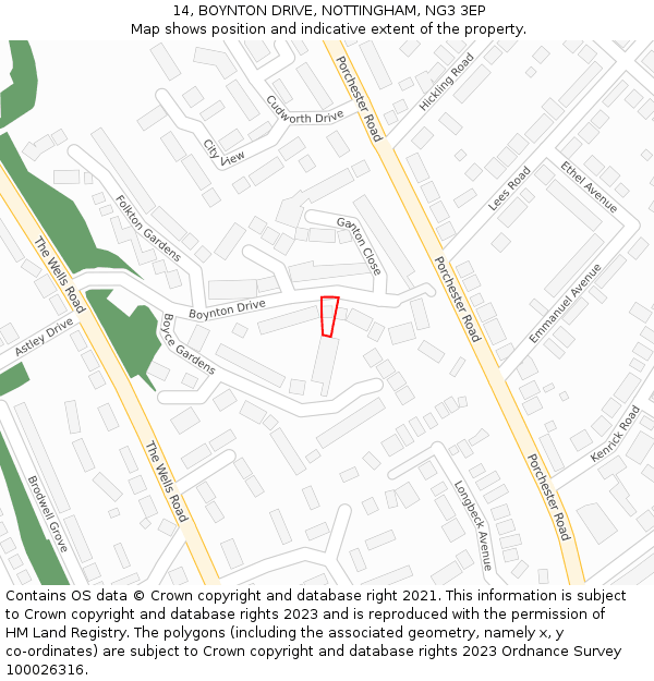 14, BOYNTON DRIVE, NOTTINGHAM, NG3 3EP: Location map and indicative extent of plot