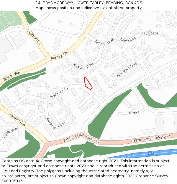 14, BRADMORE WAY, LOWER EARLEY, READING, RG6 4DS: Location map and indicative extent of plot