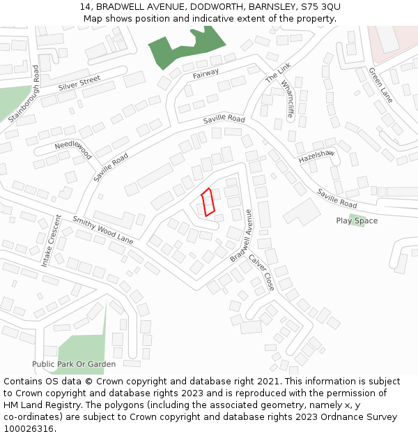 14, BRADWELL AVENUE, DODWORTH, BARNSLEY, S75 3QU: Location map and indicative extent of plot