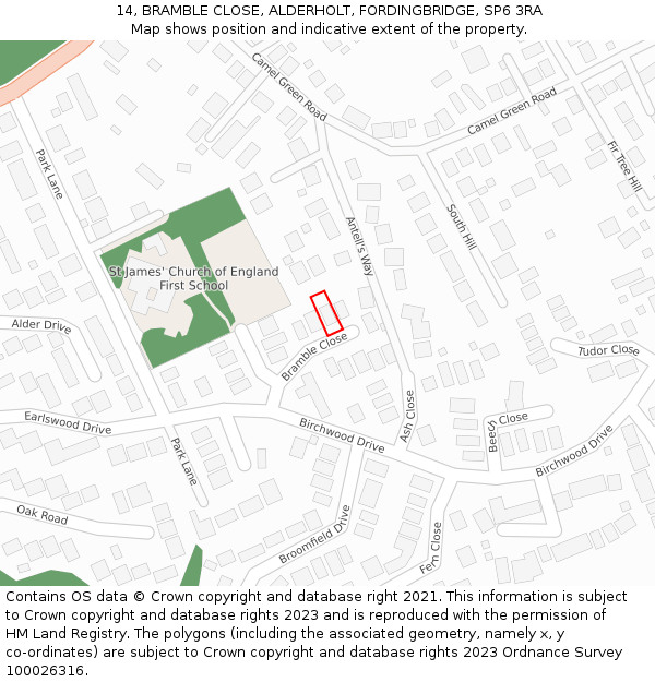 14, BRAMBLE CLOSE, ALDERHOLT, FORDINGBRIDGE, SP6 3RA: Location map and indicative extent of plot