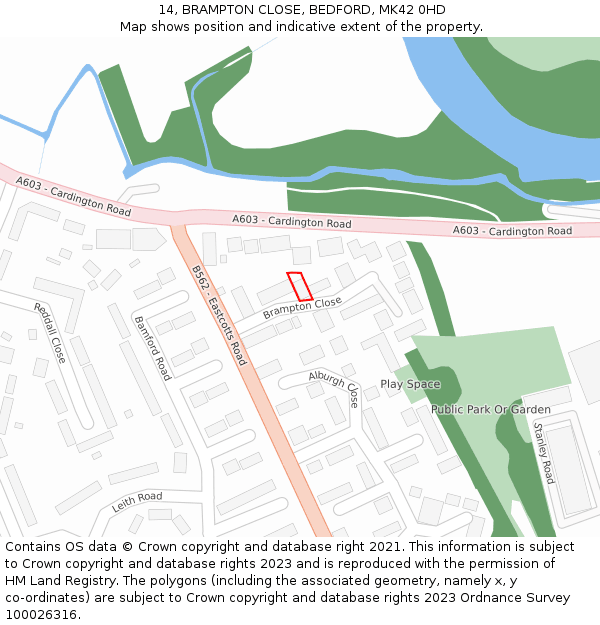 14, BRAMPTON CLOSE, BEDFORD, MK42 0HD: Location map and indicative extent of plot