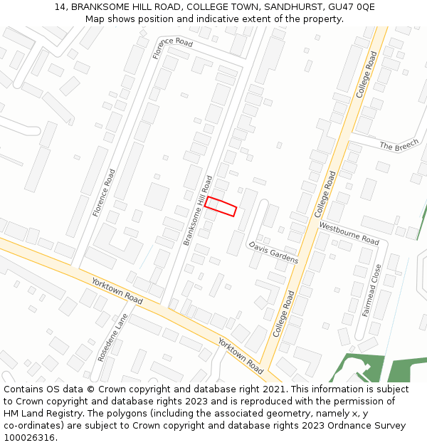 14, BRANKSOME HILL ROAD, COLLEGE TOWN, SANDHURST, GU47 0QE: Location map and indicative extent of plot