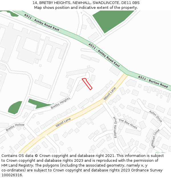 14, BRETBY HEIGHTS, NEWHALL, SWADLINCOTE, DE11 0BS: Location map and indicative extent of plot