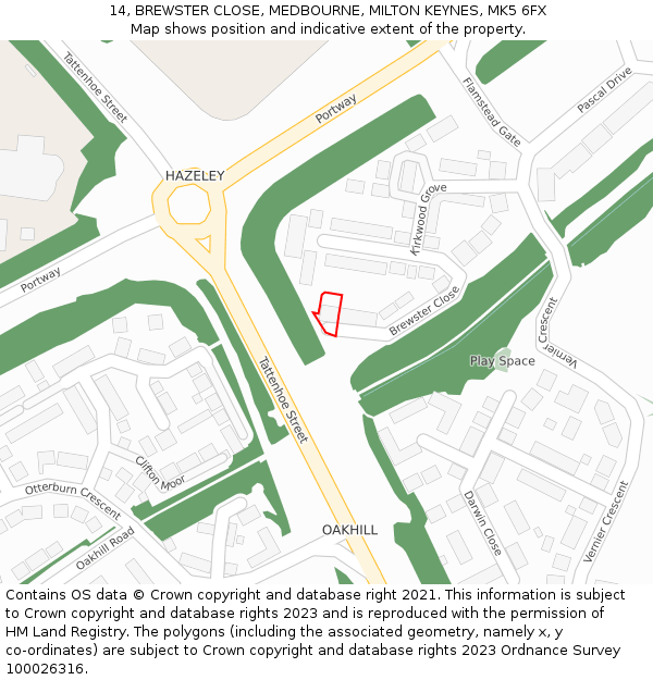 14, BREWSTER CLOSE, MEDBOURNE, MILTON KEYNES, MK5 6FX: Location map and indicative extent of plot