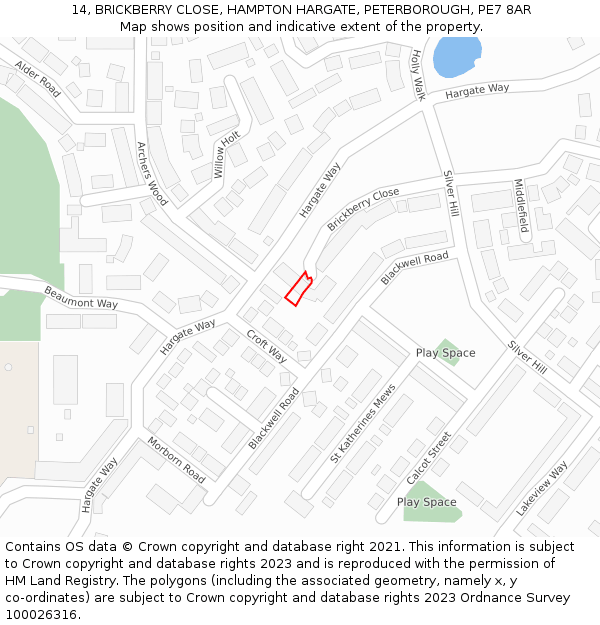 14, BRICKBERRY CLOSE, HAMPTON HARGATE, PETERBOROUGH, PE7 8AR: Location map and indicative extent of plot