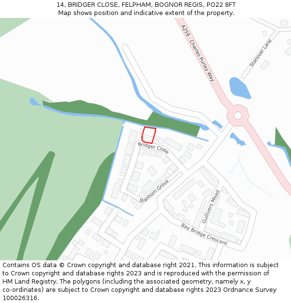 14, BRIDGER CLOSE, FELPHAM, BOGNOR REGIS, PO22 8FT: Location map and indicative extent of plot