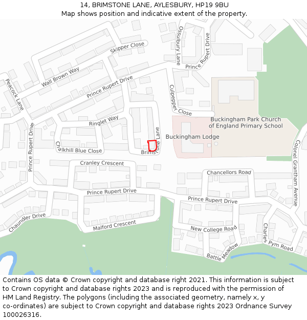 14, BRIMSTONE LANE, AYLESBURY, HP19 9BU: Location map and indicative extent of plot