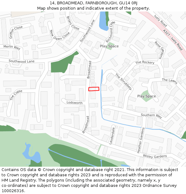 14, BROADMEAD, FARNBOROUGH, GU14 0RJ: Location map and indicative extent of plot