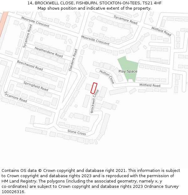 14, BROCKWELL CLOSE, FISHBURN, STOCKTON-ON-TEES, TS21 4HF: Location map and indicative extent of plot