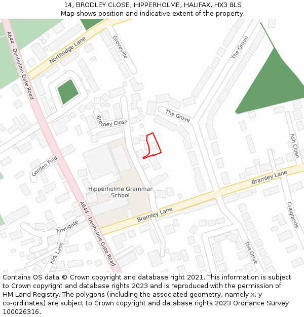 14, BRODLEY CLOSE, HIPPERHOLME, HALIFAX, HX3 8LS: Location map and indicative extent of plot