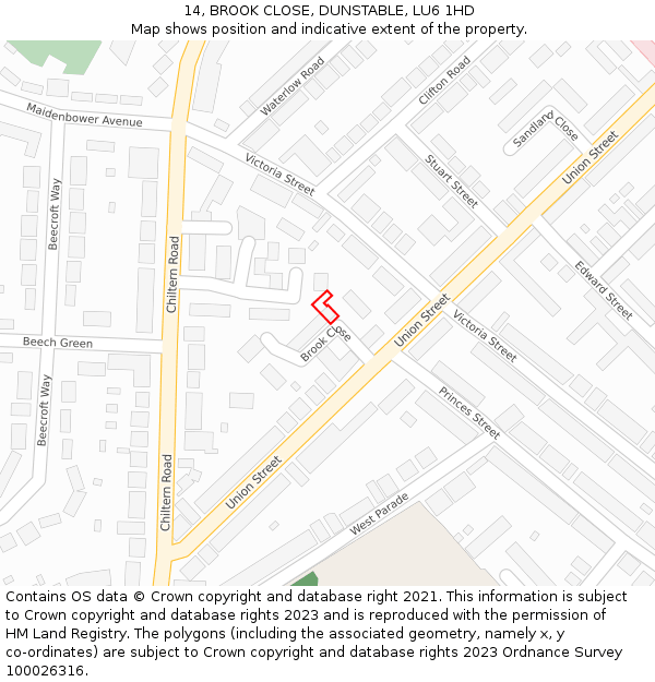 14, BROOK CLOSE, DUNSTABLE, LU6 1HD: Location map and indicative extent of plot