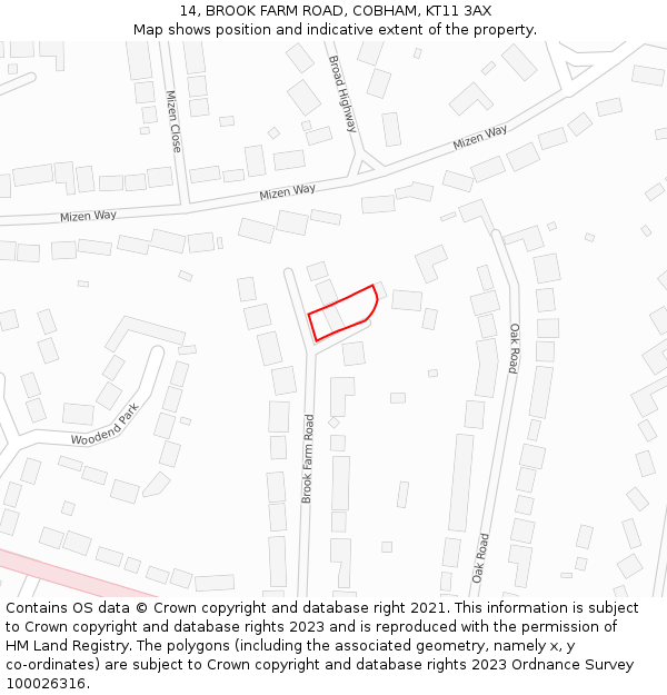 14, BROOK FARM ROAD, COBHAM, KT11 3AX: Location map and indicative extent of plot