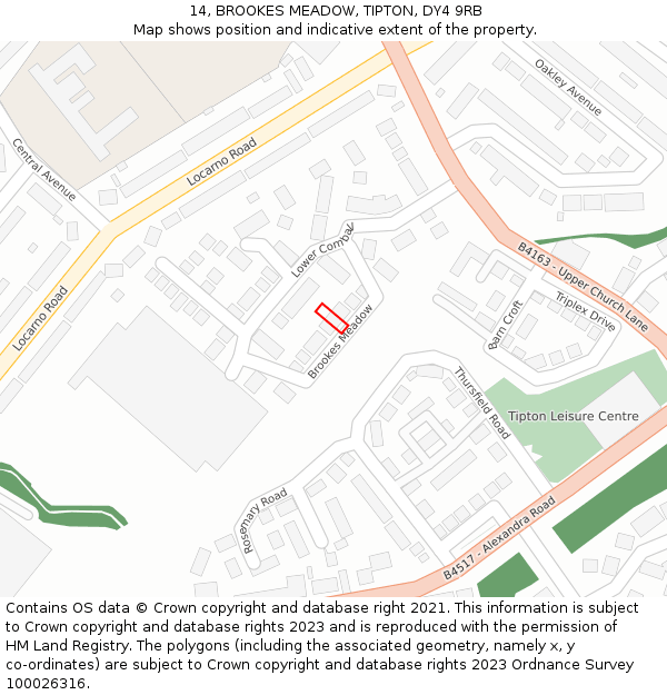 14, BROOKES MEADOW, TIPTON, DY4 9RB: Location map and indicative extent of plot