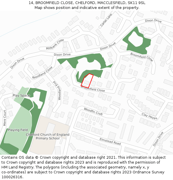 14, BROOMFIELD CLOSE, CHELFORD, MACCLESFIELD, SK11 9SL: Location map and indicative extent of plot